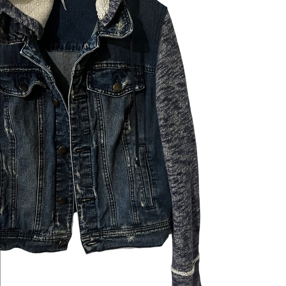 Free People Denim and Knit Distressed Hoodie Trucker Jacket M - Picture 5 of 10